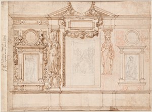 Design for a Wall Decoration with Pasted-in Sketches after Raphael (verso), c. 1580s-90s. Creator: Frederico Zuccaro (Italian, 1540/1-1609).