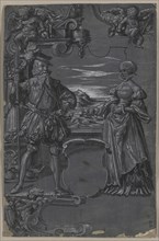 Design for Glass Painting: Man and Woman in Architectural Setting, second half 1500s. Creator: Tobias Stimmer (Swiss, 1539-1584), attributed to.