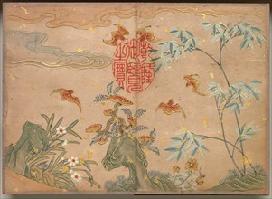 Desk Album: Flower and Bird Paintings (Bats, rocks, flowers oval calligraphy) , 18th Century. Creator: Zhang Ruoai (Chinese).