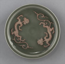 Dish with Two Dragons in Relief: Longquan Ware, 14th Century. Creator: Unknown.