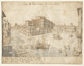 Eighteen Views of Rome: The Piazza Barberini (recto), 1665. Creator: Lievin Cruyl (Flemish, c. 1640-c. 1720).