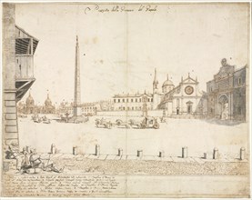 Eighteen Views of Rome: The Piazza del Popolo (recto), 1664. Creator: Lievin Cruyl (Flemish, c. 1640-c. 1720).