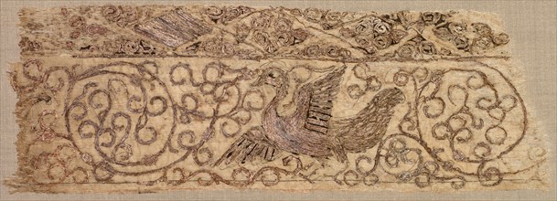 Embroidered fragment with bird among vines, 1100s. Creator: Unknown.