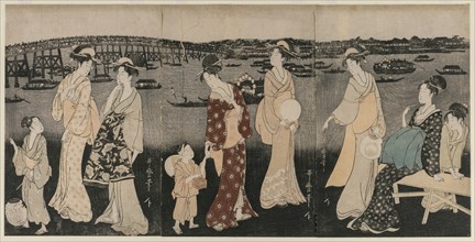 Enjoying the Evening Cool Along the Sumida River, c. 1797-98. Creator: Kitagawa Utamaro (Japanese, 1753?-1806).