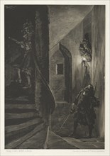 Essay on Stone with Brush and Scraper: Chase on the Winding Staircase, 1851. Creator: Adolph von Menzel (German, 1815-1905).