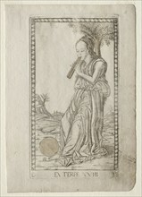 Euterpe (music, lyric poetry) (from the Tarocchi series D..., before 1467. Creator: Master of the E-Series Tarocchi (Italian, 15th century).