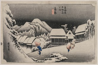 Evening Snow at Kambara (number sixteen of the series Fifty-three Stations of the Tokaido), 1833. Creator: Ando Hiroshige (Japanese, 1797-1858).