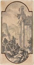 Figures Near the Ruins of a Corinthian Temple (recto), first half 1700s. Creator: Andrea Locatelli (Italian, 1695-1741).