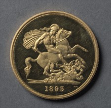 Five Pounds (reverse), 1893. Creator: Benedetto Pistrucci (Italian, 1784-1855).