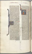 Fol. 354v, Amos, historiated initial V, Amos kneeling in prayer, bust of God above, c. 1275-1300. Creator: Unknown.
