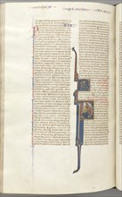 Fol. 435v, Romans, historiated initial P, Paul seated with a sword talking to the bust of God..., c. Creator: Unknown.