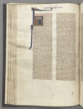 Fol. 62v, Deuteronomy, historiated initial H, Moses with horns and scroll preaching..., c. 1275-1300 Creator: Unknown.