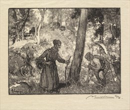 Fontainebleau Forest: Mushroom Hunters at the Rocher Bernard (La Forêt de Fontainebleau..., 1890. Creator: Auguste Louis Lepère (French, 1849-1918); A. Desmoulins, Published in Revue Illustrée, 1887-9...