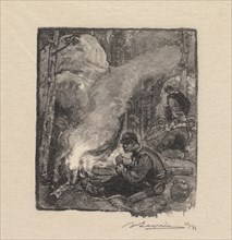 Fontainebleau Forest: Woodcutters Meal (La Forêt de Fontainebleau: Le repas des Bûcherons), 1890. Creator: Auguste Louis Lepère (French, 1849-1918); A. Desmoulins, Published in Revue Illustrée, 1887-9...