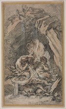 Fountain with Two Tritons Blowing Conch Shells, c. 1736. Creator: François Boucher (French, 1703-1770).