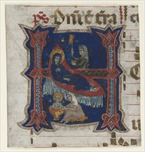 Fragment of a Choir Book with Historiated Initial (H): Birth of the Virgin, 1200s. Creator: Unknown.