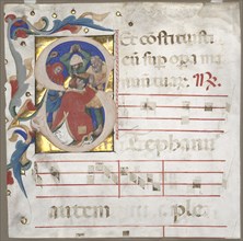 Fragment of an Antiphonary with Historiated Initial (S): The Stoning of St. Stephen, c. 1370-1372. Creator: Nicolò da Bologna (Italian, c. 1325-1403).