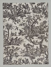 Fragment of Copperplate Printed Cotton with "Les quatres parties du monde" Design, 1788. Creator: Christophe Philippe Oberkampf (French, 1738-1815), firm of ; Jean-Baptiste Marie Hüet (French, 1745-18...