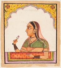 From a series of female portraits: A lady at a jharoka window holding a rose, c. 1730. Creator: Unknown.