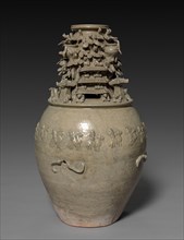 Funerary Urn (Hunping) with Figures, Pavilions, and Birds, 265-316. Creator: Unknown.