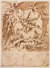 Grotesque with a Satyr Feeding a Dragon (recto), c. 1565/1588. Creator: Marco Marchetti (Italian, 1565-1588).