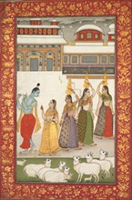 Gujari Ragini (Krishna with Gopis Playing the Flute), from a "Ragamala Series", mid 1700s. Creator: Unknown.