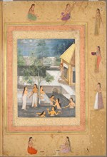 Harem Night-Bathing Scene (recto): Calligraphy Framed by an Ornamental Border...(verso), c. 1650. Creator: Unknown.