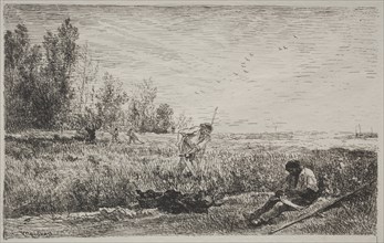 Hay-making, original impression 1862, printed in 1921. Creator: Charles François Daubigny (French, 1817-1878).