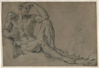 Hercules Resting (recto); Footed Vessel with Handle (verso), 1595-1597. Creator: Annibale Carracci (Italian, c. 1560-1609).