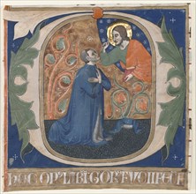 Historiated Initial (O) Excised from an Antiphonary: The Donor, Gorus Fucci, Kneels before Christ, c Creator: Unknown.