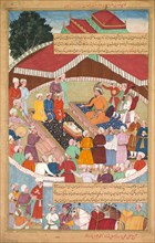 Hulagu Khan giving a feast and dispensing favor upon the amirs and princes..., c. 1596-1600. Creator: Lal (Indian, active c. 1555-1600); Dharam Das (Indian, active c. 1580-1605); Padarath (Indian, act...