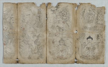 Iconographic Drawing: Vaishravana, Yama, Vsnisavijaya, Tara and Buddha (recto), c. 1500. Creator: Unknown.