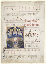 Initial S[alve sancta parens] with the Virgin Adored by Angels, and Singing Benedictine Monks..., c. Creator: Unknown.