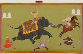 Jai Singh?s elephant Pakhrao, gone amuck and catches a horse by the tail, c. 1680. Creator: Unknown.