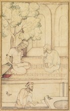 Kabir and Two Followers on a Terrace (recto); Calligraphy (verso), c. 1610-1620. Creator: Unknown.