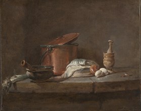 Kitchen Utensils with Leeks, Fish, and Eggs, c. 1734. Creator: Jean-Siméon Chardin (French, 1699-1779).