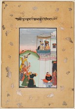 Krishna and Consort on a Palace Balcony with Musicians: Vukharo Ragaputra of Bhairav?, 1770-75. Creator: Unknown.