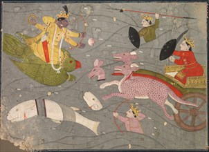 Krishna Fighting Vanasura's Sons: Scene from the Aniruddha Usha Section of Krishna Lila, c. 1840. Creator: Unknown.