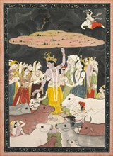 Krishna Lifting Mt. Govardhana, c. 1780-1790. Creator: Unknown.