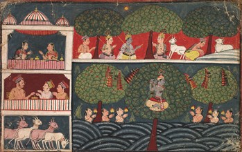 Krishna Stealing Gopis Clothes, Page from the Bhagavata Purana, c. 1650. Creator: Unknown.