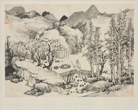 Landscape Album in Various Styles: Landscape with Artist on a Bridge, 1684. Creator: Zha Shibiao (Chinese, 1615-1698).
