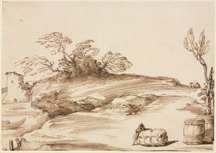 Landscape with a Man Leaning on a Bale, c. 1640. Creator: Guercino (Italian, 1591-1666).