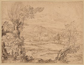 Landscape with a River and Aqueduct, mid 1600s. Creator: Giovanni Francesco Grimaldi (Italian, 1606-1680).