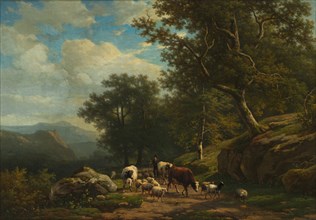 Landscape with a Peasant and His Flock, c. 1850 - 1859. Creator: Alexander Joseph Daiwaille (Dutch, 1818-1888); Eugène Joseph Verboeckhoven (Belgian, 1798-1881), and.