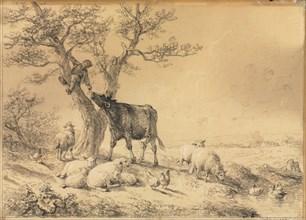 Landscape with Animals and Boy in Tree, 1866. Creator: Eugène Joseph Verboeckhoven (Belgian, 1798-1881).