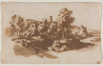 Landscape with Fortification Between Marino and Frascati, c. 1650. Creator: Jacob van der Ulft (Dutch, 1627-1689); Gaspard Dughet (French, 1615-1675), or ; Nicolas Poussin (French, 1594-1665), possibl...