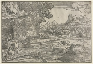 Landscape with Saint Jerome and Two Lions, c. 1530-35. Creator: Domenico Campagnola (Italian, 1500-1564).