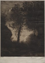 Landscape: Sunset, after Corot, c. 1858. Creator: Félix Bracquemond (French, 1833-1914); August Delâtre.