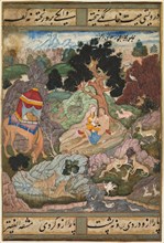 Layla and Majnun in the wilderness with animals, from a Khamsa (Quintet)..., c. 1590-1600. Creator: Sanwalah (Indian, active c. 1580-1600), attributed to.