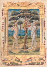 Leaf from a Book of Hours: Adam and Eve and the Fall of Man (recto)..., c. 1510. Creator: Unknown.